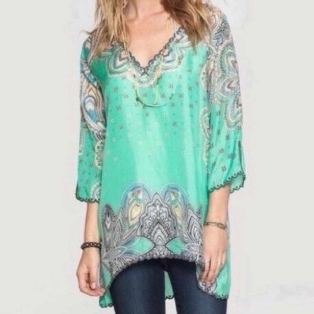 Johnny Was Plus Size Tunic Silk Floral V Neck Boho Fairy Embroidered Mint Green